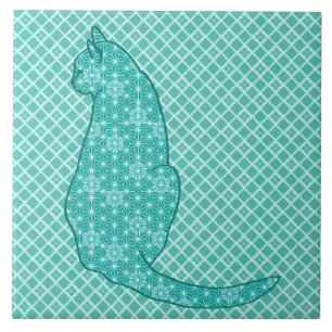 Carreau En Céramique Chat japonais - copie de kimono de turquoise