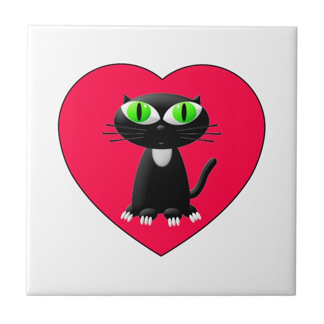 Carreau En Céramique Chat noir dans le coeur rouge (Devant)