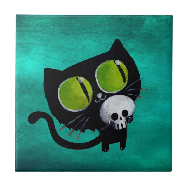 Carreau En Céramique Chat noir de Halloween avec le crâne (Devant)