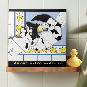 Carreau En Céramique Chat Tuxedo Joueur Papier Toilette Chaos Bleu Jaun