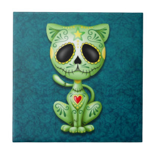 Carreau En Céramique Chaton, vert et bleu de sucre de zombi