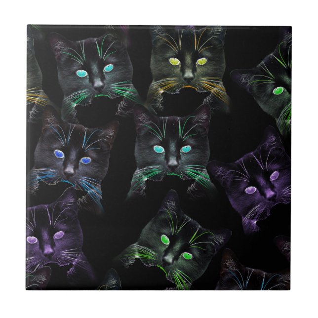 Carreau En Céramique Chats Cool sur Noir ! Chats multicolores (Devant)
