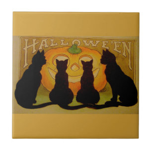 Carreau En Céramique Chats d'Halloween noirs et Citrouille