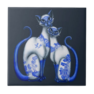 Carreau En Céramique Chats siamois de saule bleu