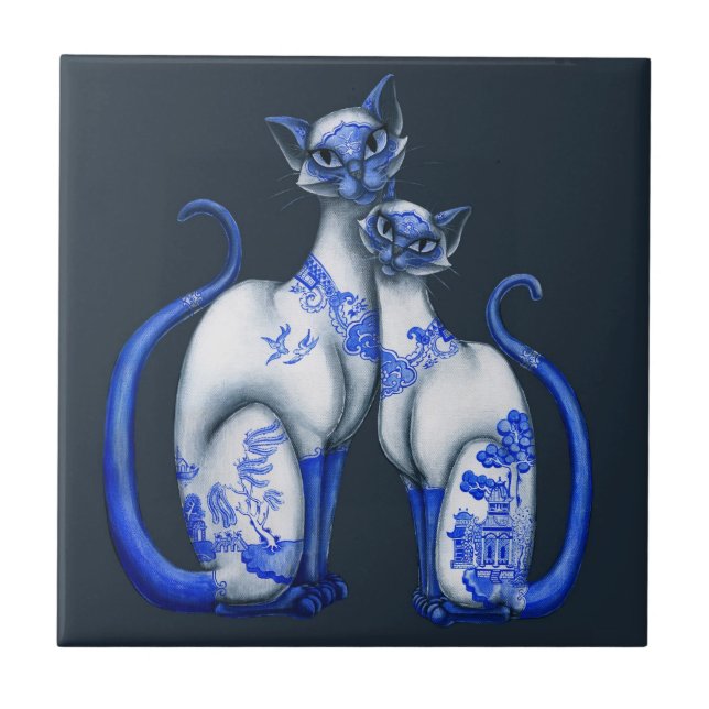 Carreau En Céramique Chats siamois de saule bleu (Devant)