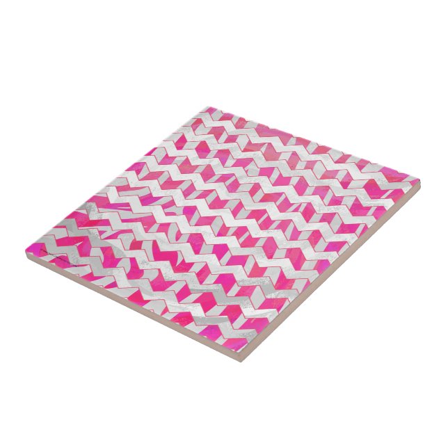 Carreau En Céramique Chaud rose et blanc Chevron Zebra (Côté)