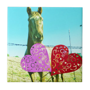 Carreau En Céramique Cheval blond et Coeurs rose et rouge