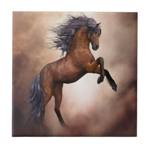 Carreau En Céramique Cheval brun friésien s'élevant avec des nuages bru