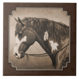 Carreau En Céramique Cheval de guerre indien Pinto à Sepia