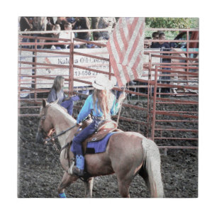 Carreau En Céramique Cheval et cow-girl de drapeau de rodéo