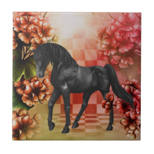 Carreau En Céramique Cheval Noir Imaginaire Fleurs Animal