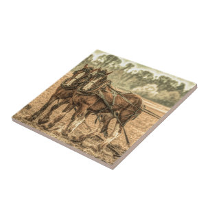 Carreau En Céramique Chevaux primitifs de ferme de pays occidental