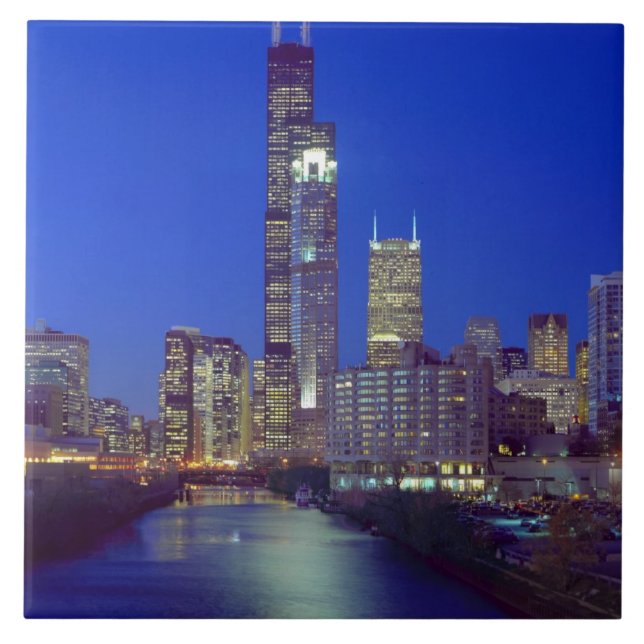 Carreau En Céramique Chicago, Illinois, Skyline la nuit avec Chicago (Devant)