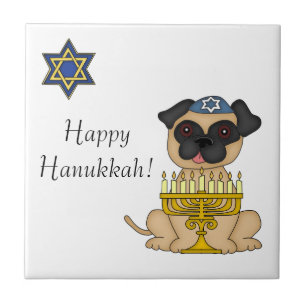 Carreau En Céramique Chien de Hanoukka-Carlin avec Menorah