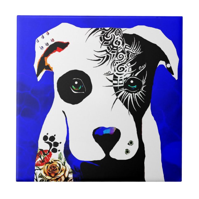 Carreau En Céramique Chien Pitbull avec tatouages et piercings (Devant)