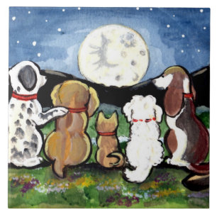 Carreau En Céramique Chiens regardant Lune Bleu foncé Trivet de tuiles 