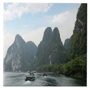 Carreau En Céramique Chine, Guilin, Li River, bateaux fluviaux bordent