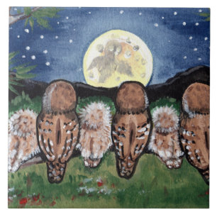 Carreau En Céramique Chouettes de nuit regardant la lune Starry Trivet