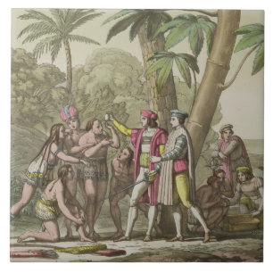 Carreau En Céramique Christophe Colomb (1451-1506) avec Ameri indigène