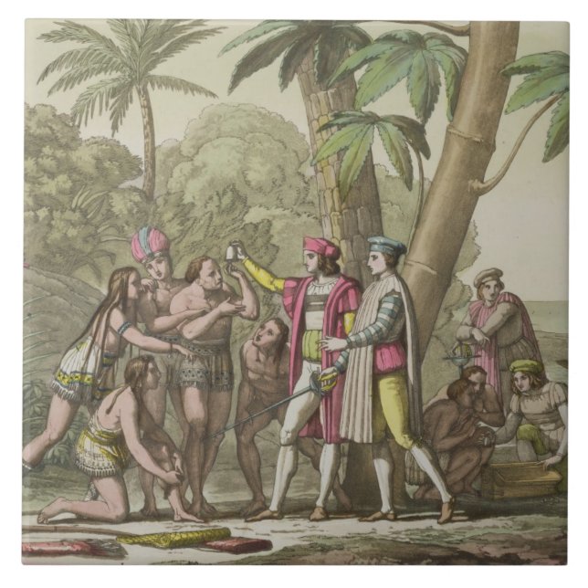 Carreau En Céramique Christophe Colomb (1451-1506) avec Ameri indigène (Devant)