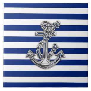 Carreau En Céramique Chrome Like Rope Anchor on Nautical Stripes