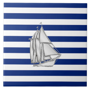 Carreau En Céramique Chrome Sailboat on Nautical Stripes