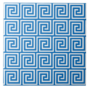 Carreau En Céramique Clé grecque, bleu cerulean et blanc