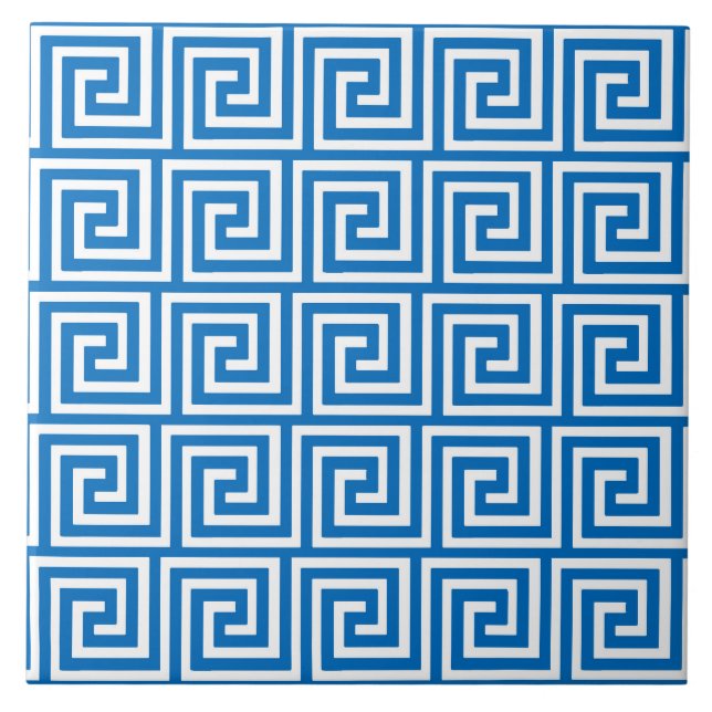 Carreau En Céramique Clé grecque, bleu cerulean et blanc (Devant)