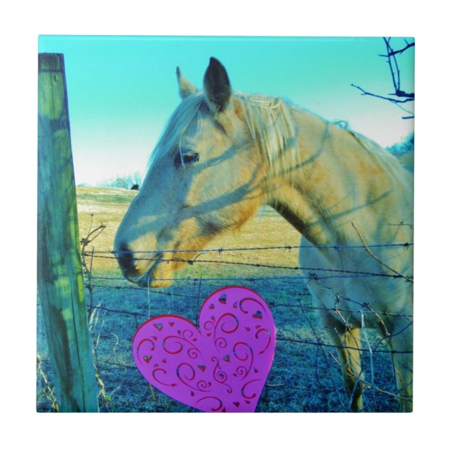 Carreau En Céramique Coeur rose et Cheval jaune (Devant)