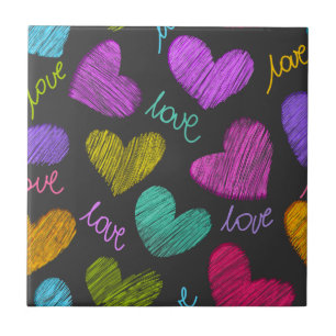 Carreau En Céramique Coeurs Bleus Vibrants avec script d'amour