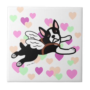 Carreau En Céramique Coeurs de bande dessinée d'ange de Boston Terrier