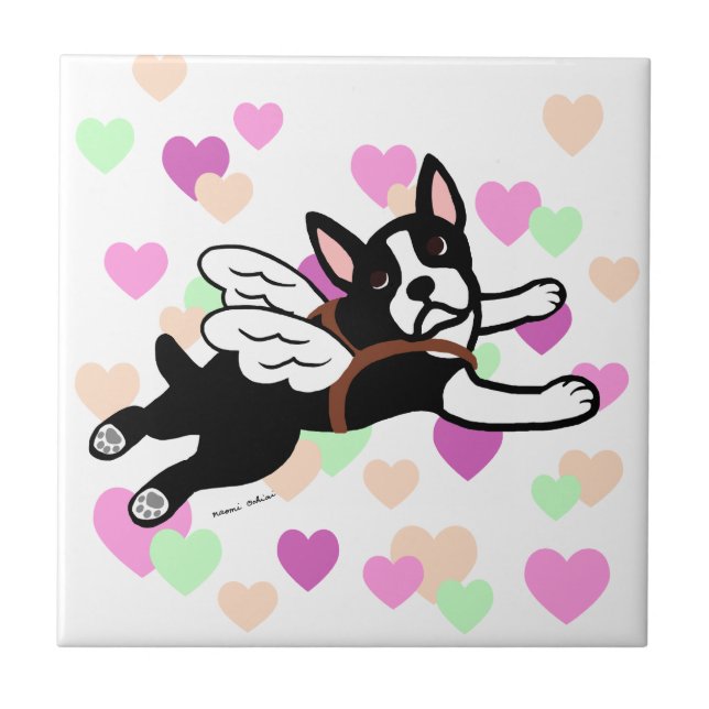 Carreau En Céramique Coeurs de bande dessinée d'ange de Boston Terrier (Devant)