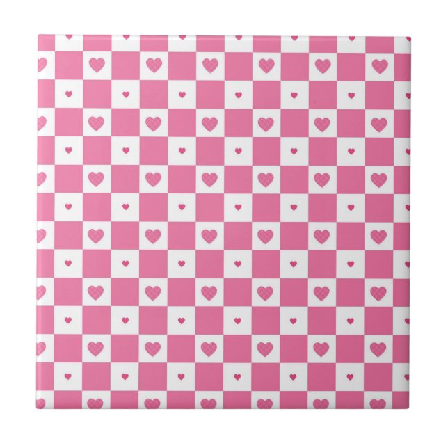 Carreau En Céramique Coeurs rose mignon Fille rose Motif Checker blanc (Devant)