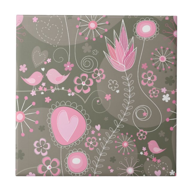 Carreau En Céramique Coeurs Whimsical rose et gris, oiseaux et fleurs (Devant)
