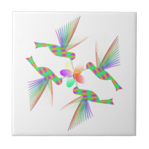 Carreau En Céramique Colibris arc-en-ciel s'embrassant sur une fleur