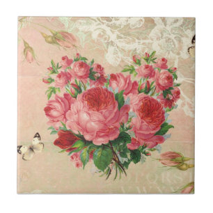 Carreau En Céramique Collage rose de coeur de cru Girly