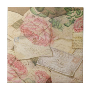Carreau En Céramique Collage vintage, lettres françaises et cartes