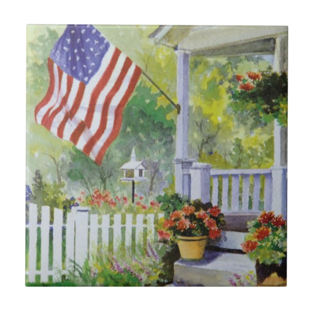 Carreau En Céramique Colonial Country Home American Flag Front Porch (Devant)