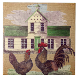 Carreau En Céramique Conception rustique de poulets de basse cour d'art