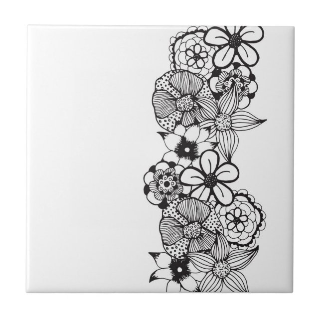 Carreau En Céramique Contour floral noir et blanc (Devant)