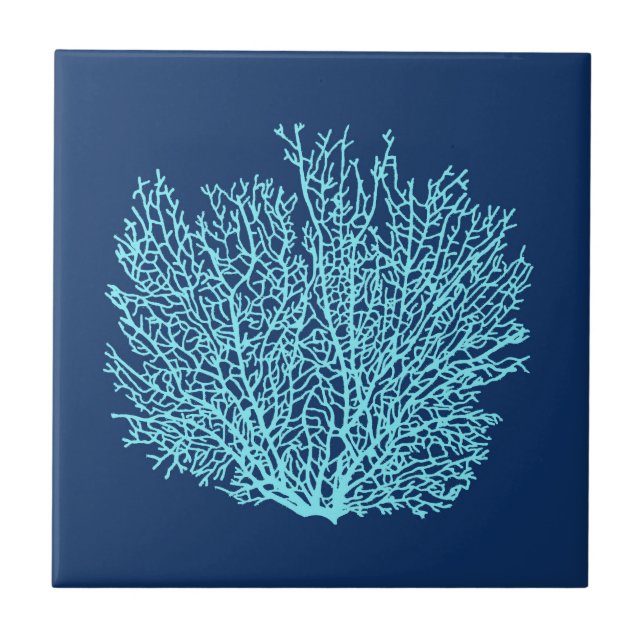 Carreau En Céramique Copie de corail de fan, Aqua sur le bleu de cobalt (Devant)
