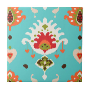 Carreau En Céramique Copie tribale d'ikat de turquoise vibrante chic