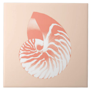 Carreau En Céramique Coquille de Nautilus - corail orange et blanc