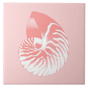 Carreau En Céramique Coquille de Nautilus - corail rose et blanc