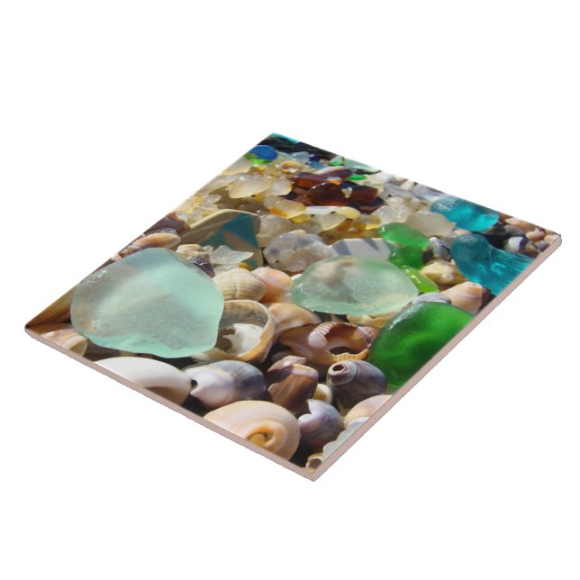 Carreau En Céramique Coquilles d'agates de Seaglass de plage de vert (Côté)