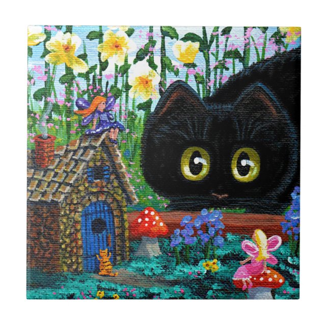 Carreau En Céramique Cottage féerique drôle de jardin de chat noir (Devant)