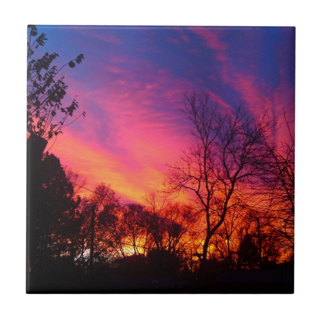 Carreau En Céramique Coucher de soleil sur les arbres (Devant)