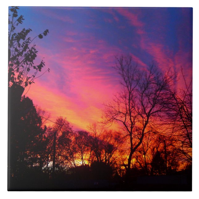 Carreau En Céramique Coucher du soleil ardent par les arbres (Devant)