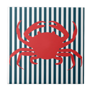 Carreau En Céramique Crabe rouge sur les rayures nautiques