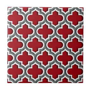 Carreau En Céramique Cranberry Charcoal White Moroccan Quatrefoil #5DS
